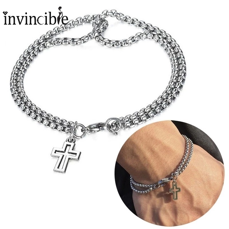 Vòng Đeo Tay Hai Lớp Bằng Hợp Kim Hình Thánh Giá Phong Cách Punk Cổ Điển