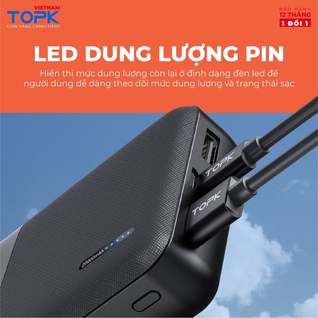 Sạc Dự Phòng TOPK I2009 20000mAh - Cổng USB Kép, Thiết Kế Nhỏ Gọn Tiện Lợi Cho Xiaomi/ Samsung/ iPhone