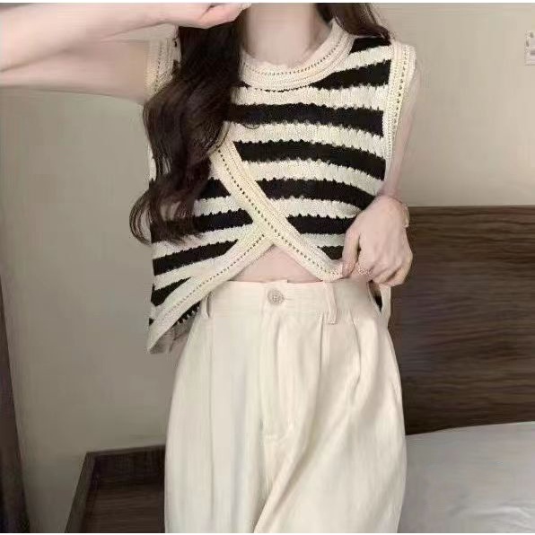 Áo dệt kim NZN không tay họa tiết kẻ sọc phong cách Hàn Quốc thời trang