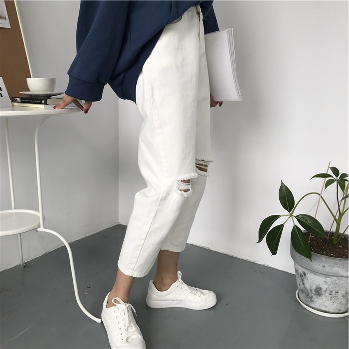 quần baggy đen trắng rách gối ulzzang order quần jean ống suông dáng hàn quốc CÓ ẢNH THẬT