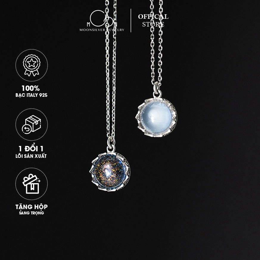 Dây chuyền bạc/ vòng cổ bạc vương miện đá tròn moonstone độc lạ