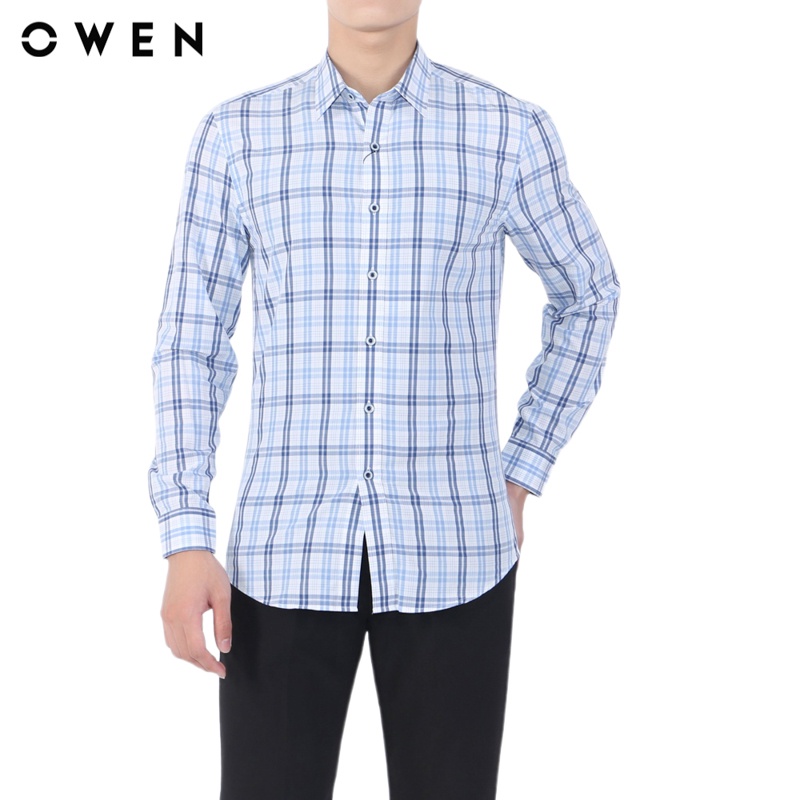 Áo sơ mi dài tay nam Owen Bamboo Slim Fit Xanh navy trắng - AS23208D