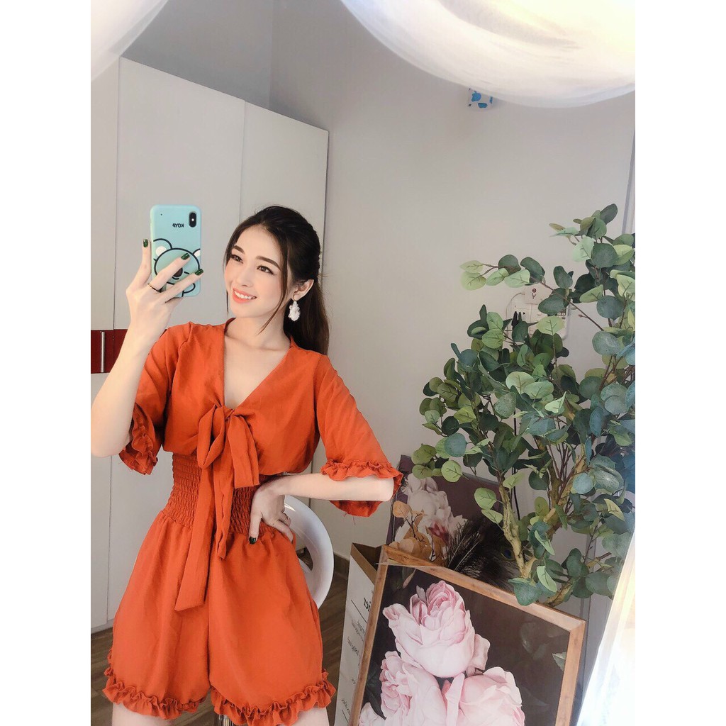 Jumpsuit đùi cổ thắt nơ bo eo + ảnh thật