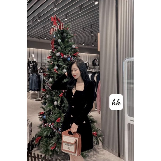 Đầm dự tiệc nhung dạo phố tay dài phối nút Sully Dress