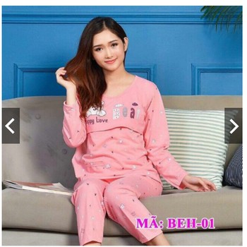 Bộ quần áo cotton dài tay mặc sau sinh cho mẹ, lật ngực tiện cho con bú