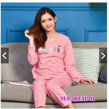 Bộ quần áo cotton dài tay mặc sau sinh cho mẹ, lật ngực tiện cho con bú