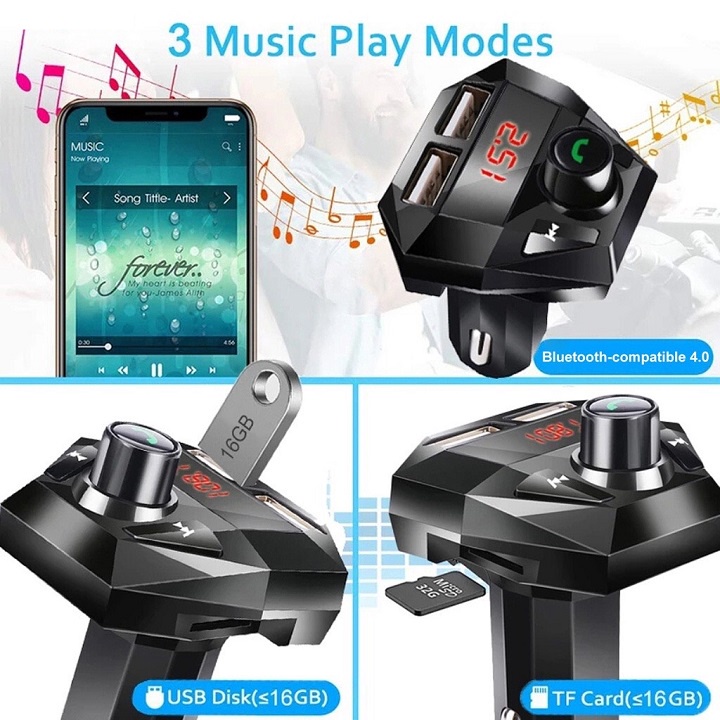 Máy nghe nhạc MP3 đài FM Bluetooth 5.0 kiêm tẩu sạc QC 3.0 cho điện thoại Android/iOS trên xe hơi