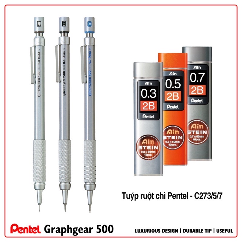 Chì Bấm Cơ Khí Pentel Graphgear 500 Cao Cấp Nhật Bản 0.3/0.5/0.7 - Chì kim Pentel thân kim loại