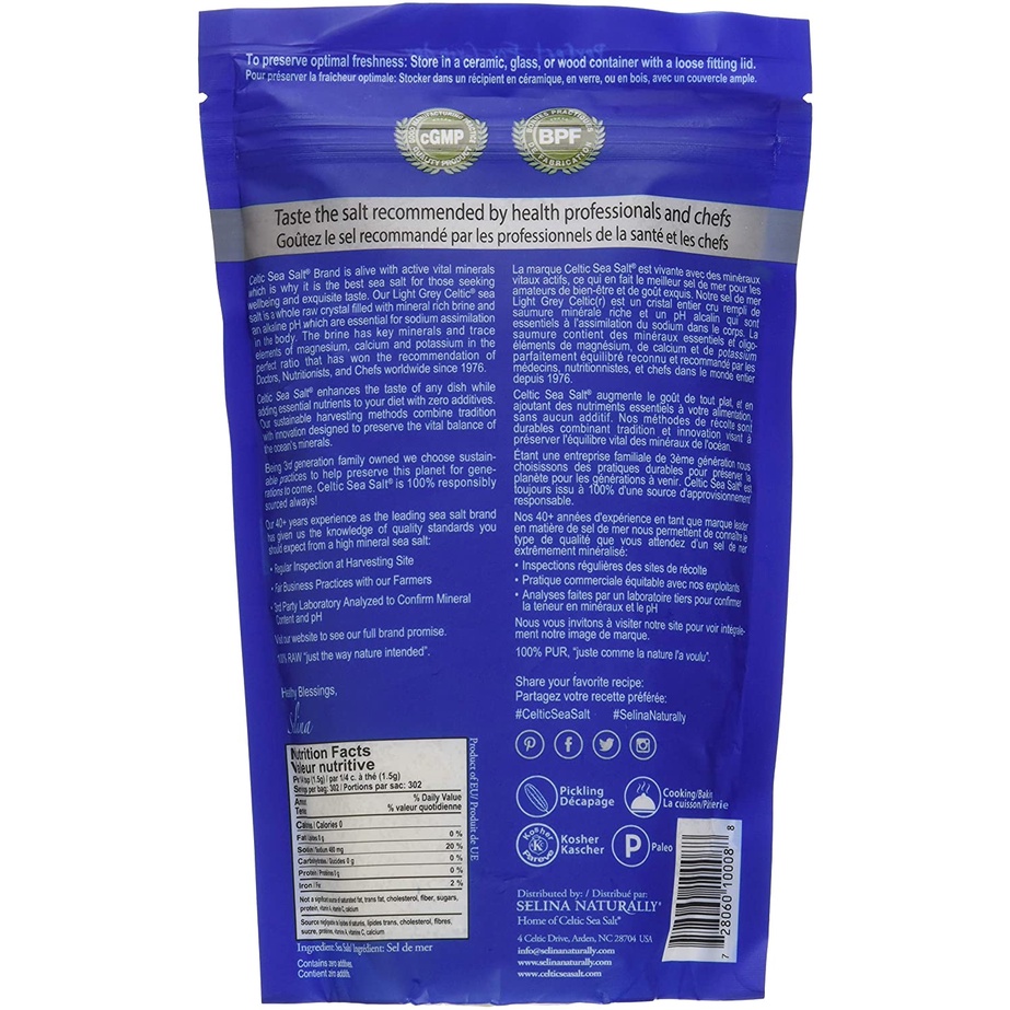 MUỐI BIỂN HẠT NHỎ GIÀU KHOÁNG CHẤT &amp; CHUẨN SẠCH Non-GMO, Light Grey Celtic Sea Salt, Gluten-Free, 454g (1lb)