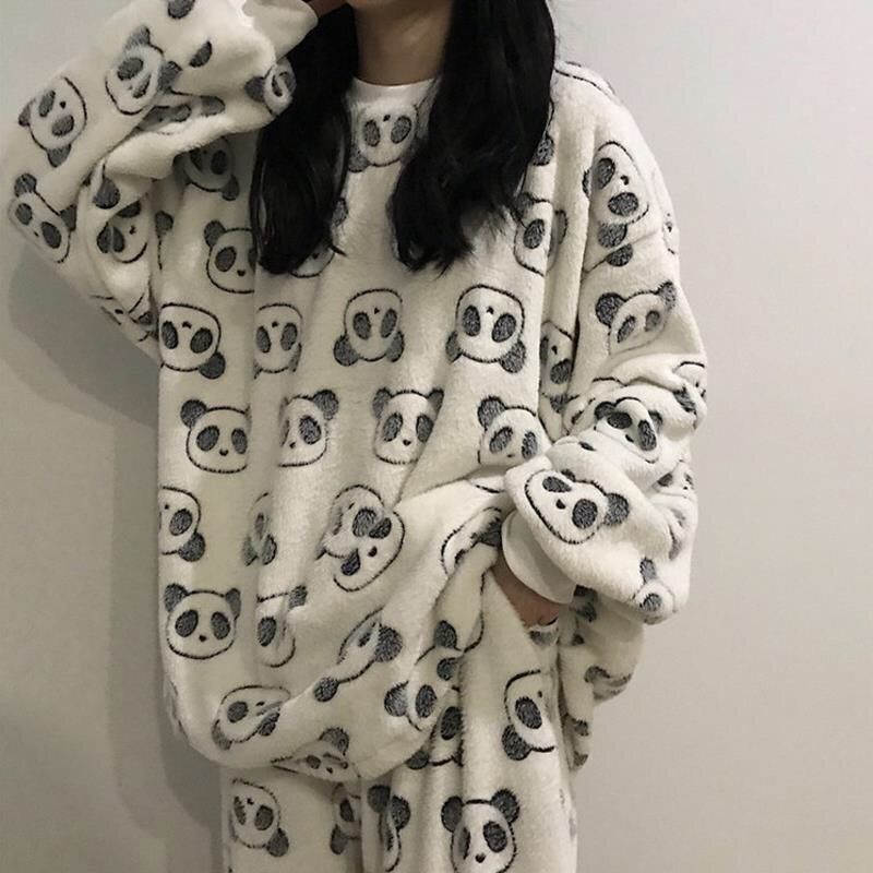 Đồ ngủ chất nhung mùa thu đong Coral velvet pajamas female autumn and winter home wear set student lovely panda long sleeve Plush warm flannel