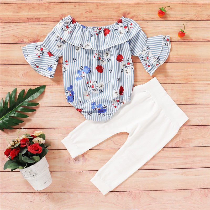 Bộ Đồ Mikrdoo 2 Món Gồm Áo Liền Quần In Họa Tiết Hoa + Quần Dài Thiết Kế Rách Cho Bé Gái Sơ Sinh