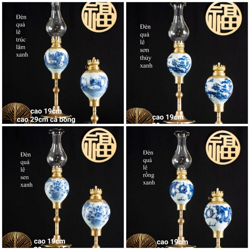 Đèn dầu thờ Xanh Lam dáng Quả Lê_ Gốm Sứ Bát Tràng bọc đồng