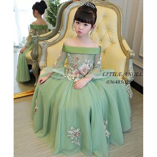 [ Xanh vỏ đậu trễ vai ]Đầm công chúa dự tiệc phối ren thêu hoa 3D đính hạt trang trọng cho bé  size 13kg-40kg