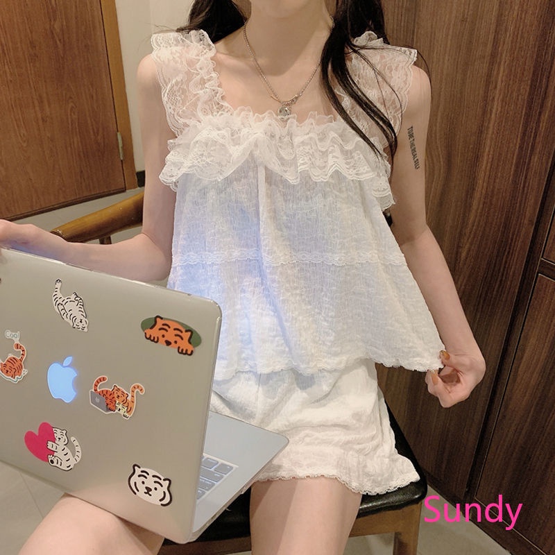 Bộ Đồ Ngủ Phối Ren Thời Trang Mùa Hè Hàn Quốc Cho Nữ