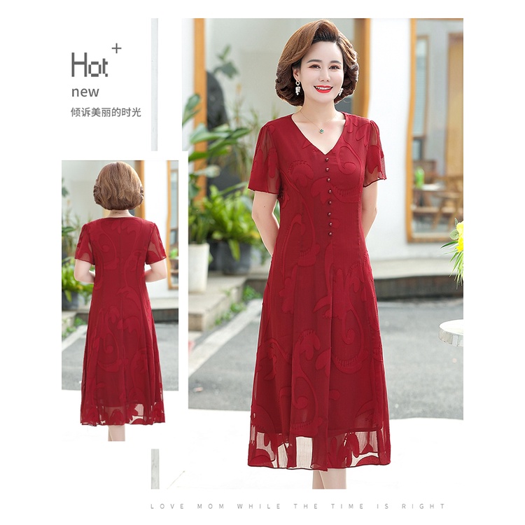 Đầm tay ngắn phối ren màu đỏ thời trang mùa hè sang trọng cho nữ trung niên