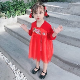 Váy bé gái cách tân Hanbok lụa phối ren mềm mại