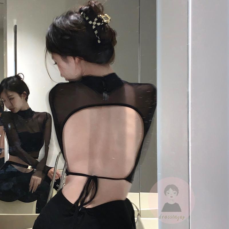 Áo Thun Dài Tay Phối Lưới Xuyên Thấu Thời Trang Cho Nữ