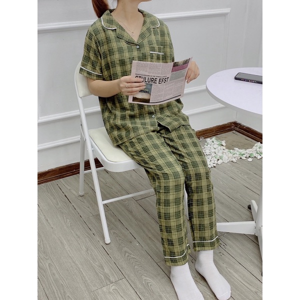 Bộ pijama bộ mặc nhà chất đũi thô cao cấp bộ đồ cho nữ hoạ tiết kẻ basic cute dễ thương