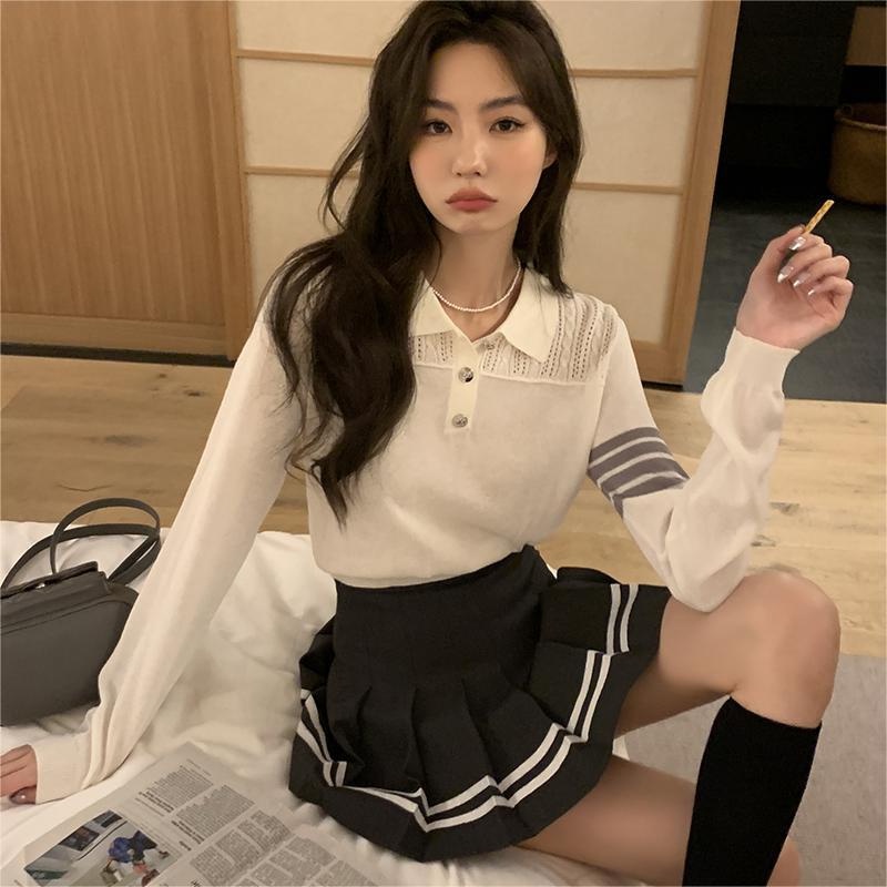 Áo len ZHELIHANGFEI polo tay dài form rộng theo phong cách đến trường dễ phối đồ