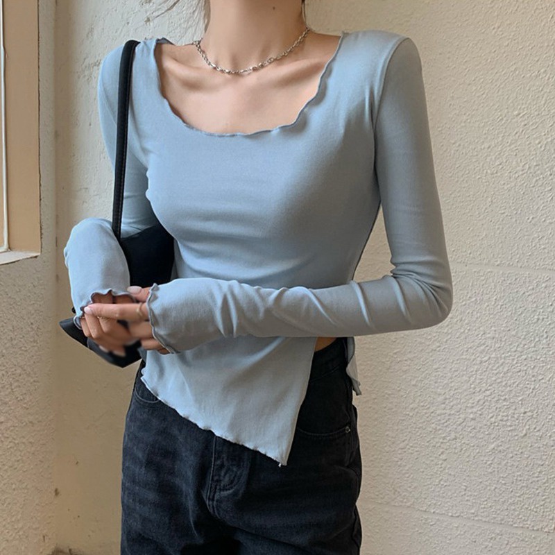 Áo Thun Tay Dài Cổ Tròn Màu Sắc Đơn Giản