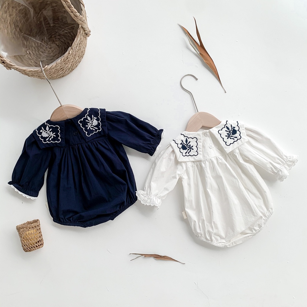 Áo Liền Quần Tay Dài Cổ Thêu Hoa Thời Trang Dễ Thương Cho Bé Gái Sơ Sinh