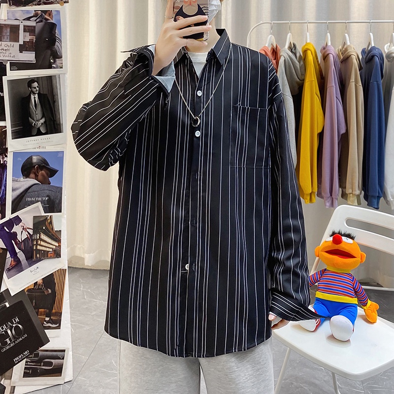 Áo sơ mi cổ đứng tay dài dáng rộng kẻ sọc thoáng khí chống nhăn chất lượng cao cho nam