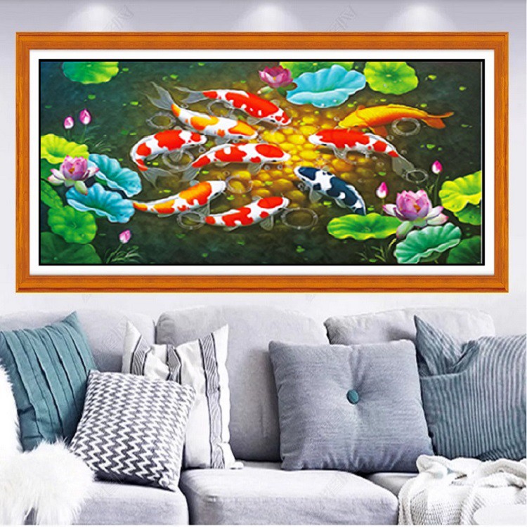 Tranh Đính Đá Cửu Ngư Quần Hội LG1255 Kích Thước 120x65cm