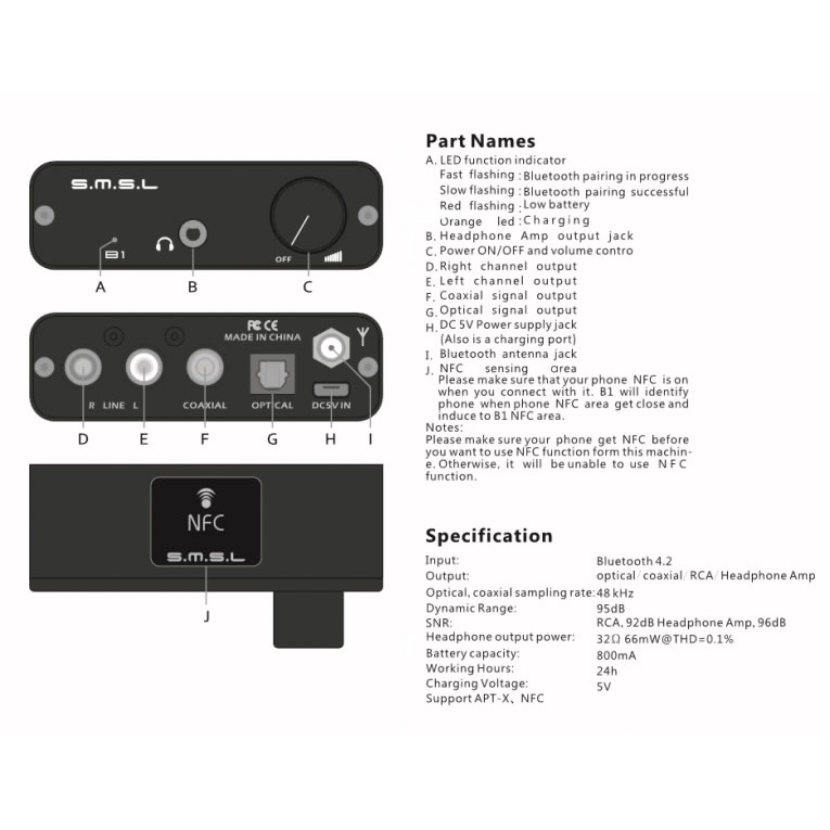 Dac Bluetooth 4.2 & NFC, aptX, SMSL Audio B1