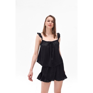 Bộ Pyjamas Nữ Mặc Nhà Áo Cộc Quần Cộc Chất Liệu Lụa Thiết Kế Hai Dây Phối Cổ Nhún Nhiều Màu Anya Set LILAS BLANC