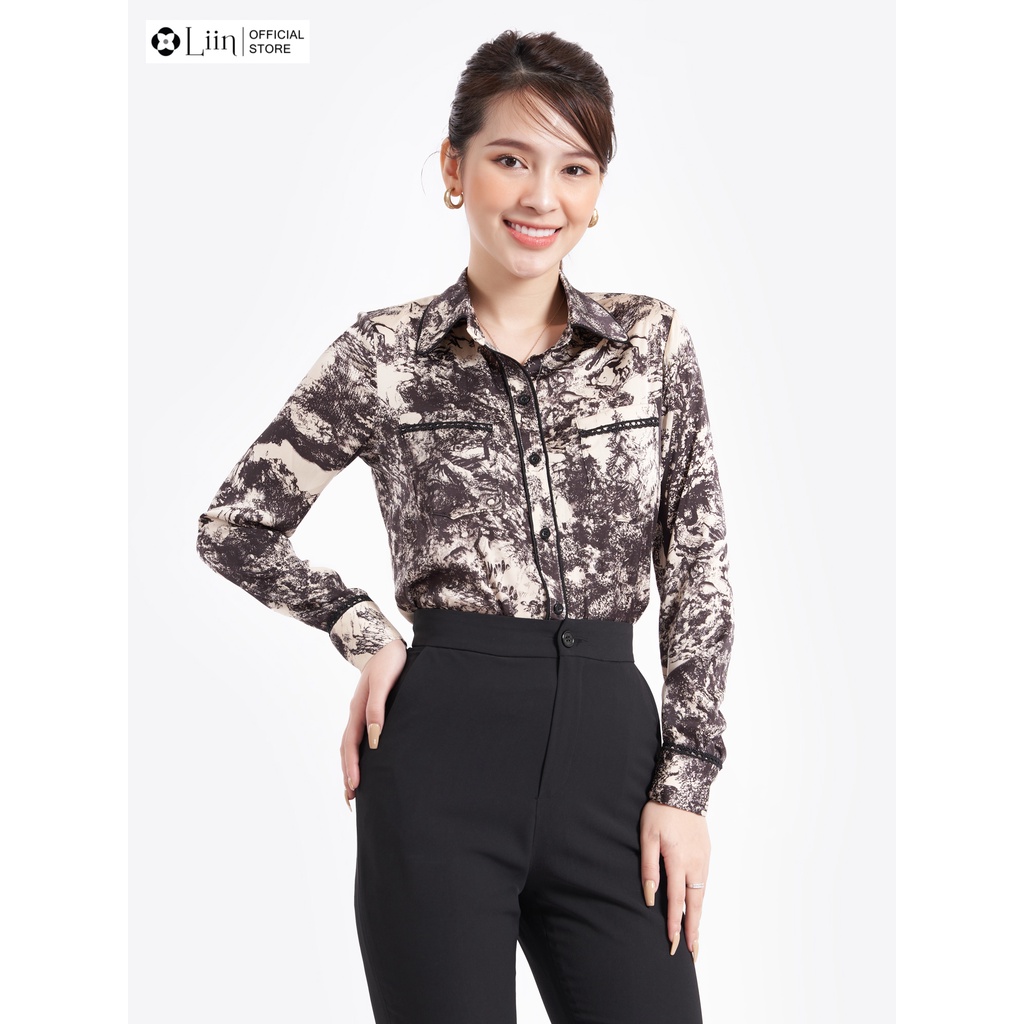 Áo sơ mi dài tay chất lụa phối đen họa tiết kiểu dáng cá tính, dễ mix đồ Liin Clothing SM4022