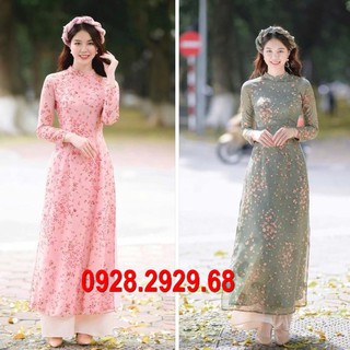 <Loại 4 tà - bay tà> Áo Dài hoa nhí 4 tà truyền thống - màu rêu - đẹp dã man