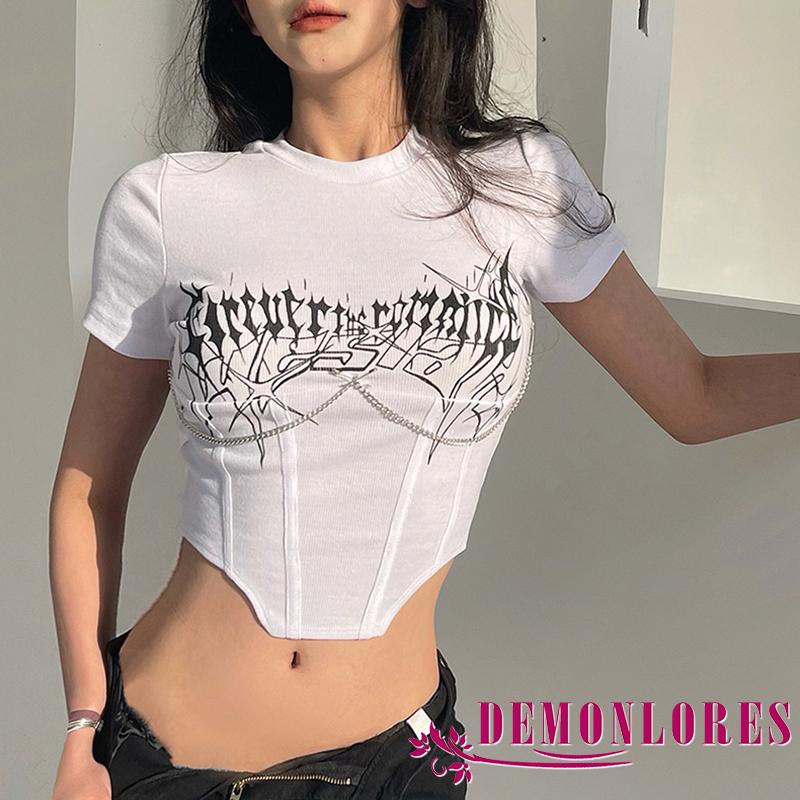 Áo Thun Crop Top Tay Ngắn Cổ Tròn In Chữ Phối Dây Xích Kim Loại Ôm Dáng Thời Trang Cho Nữ