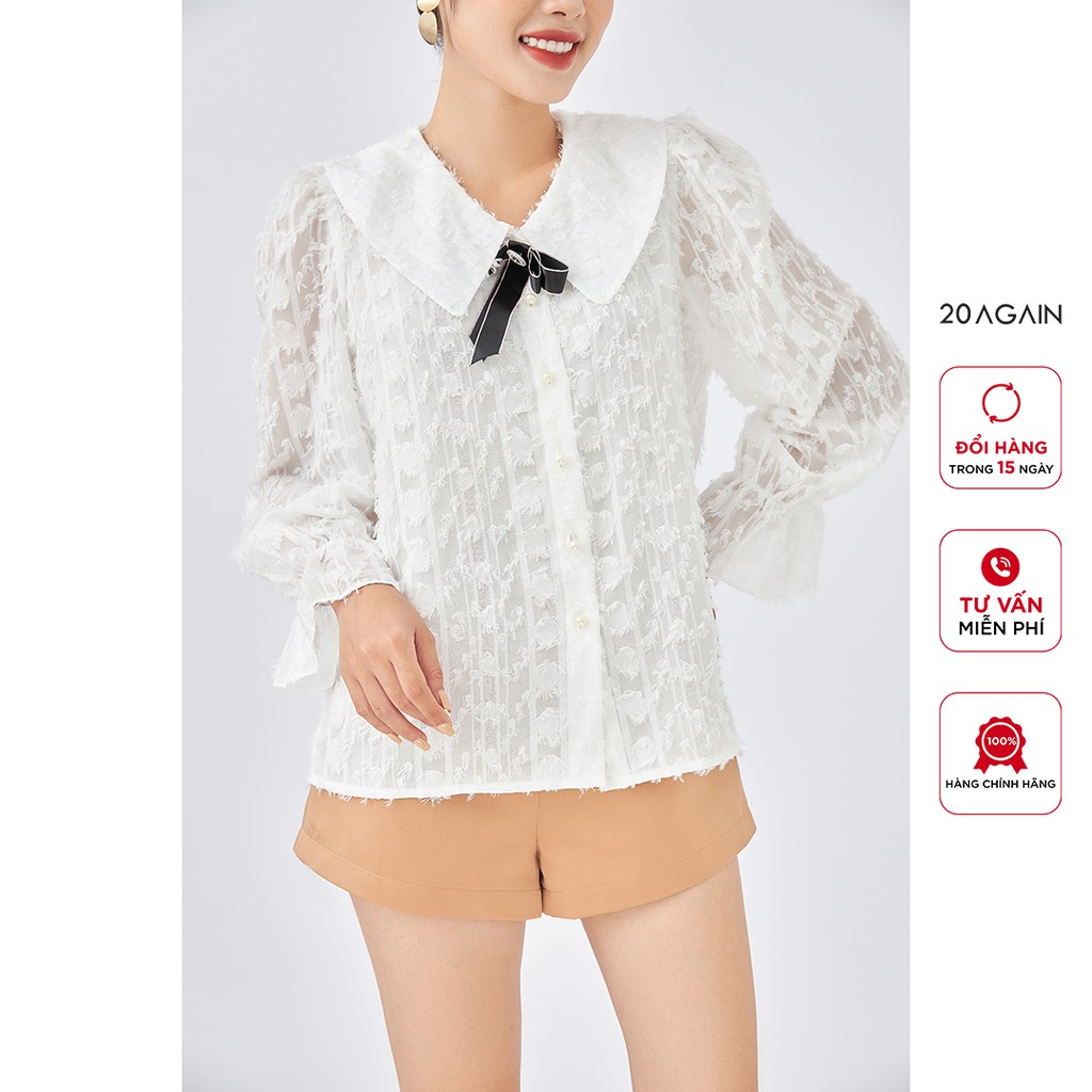 [Mã WABR20AG15 giảm 10% đơn 99K] Áo sơ mi nữ 20Again cổ sen đính nơ, tay áo bo điệu đà ASC0106