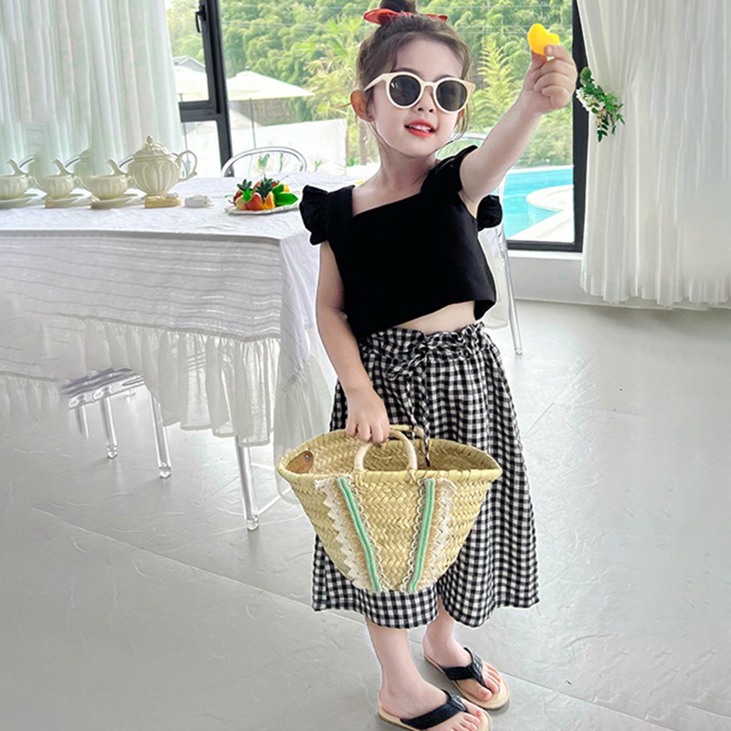 Set Áo Cổ Vuông Tay Cánh Tiên Màu Đen + Quần Dài Lưng Thun Phong Cách Hàn Quốc Dễ Thương Cho Bé Gái