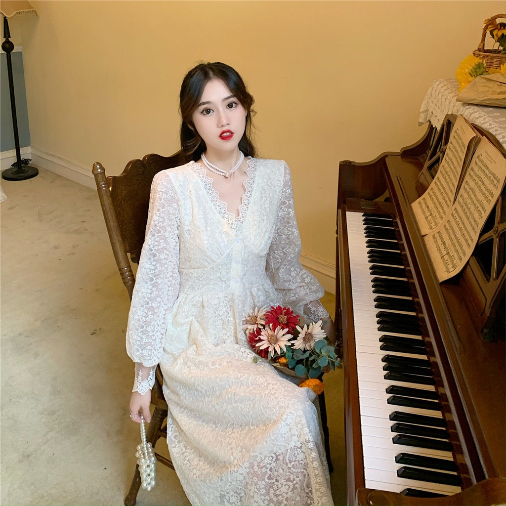 Đầm Ren Tay Dài Cổ Chữ V Ôm Eo Phong Cách Retro Pháp Thời Trang Cho Nữ