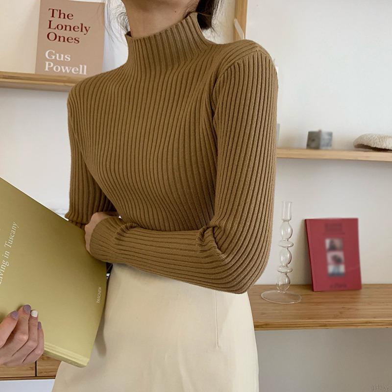 Áo thun tay dài cổ lọ màu sắc đơn giản cho nữ