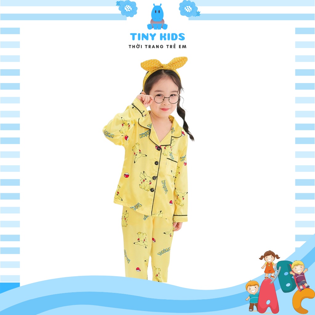 Bộ pijama lụa xuất xịn, dài tay In Pikachu Cực Xinh Cho Bé Trai Bé Mặc Đều Xinh Cho Bé Từ 6-28Kg