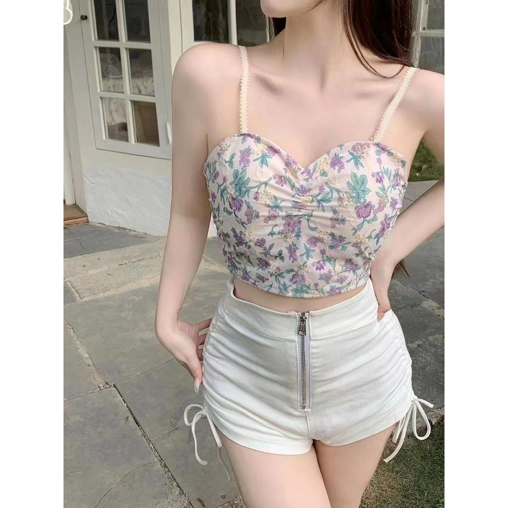 Lalisas Áo crop top Hai Dây Có Mút Đệm Ngực Họa Tiết Hoa Ngọt Ngào Quyến Rũ Cho Nữ