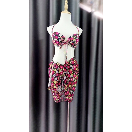 Bikini set 3 món hoạ tiết hoa nhí kèm khăn sexy