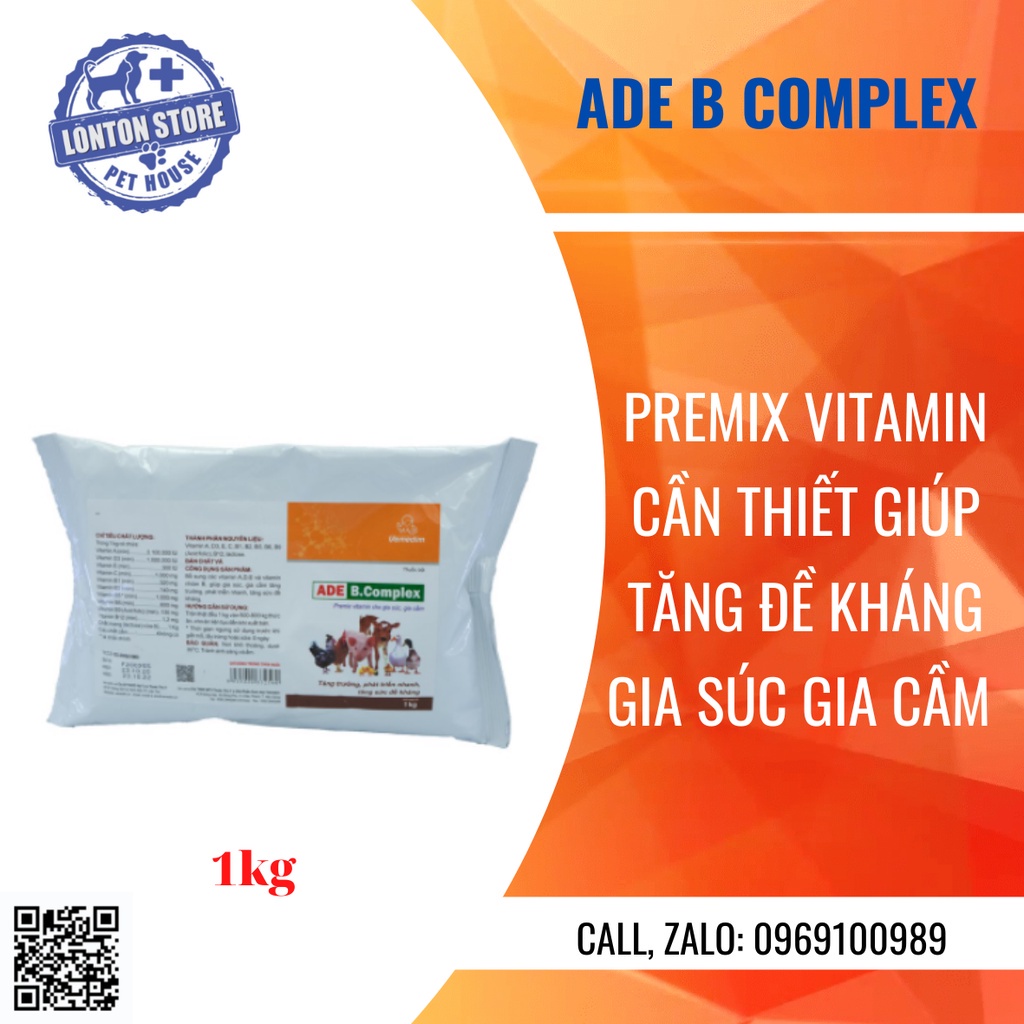 VEMEDIM ADE B COMPLEX Premix Bổ sung vitamin A,D,E, vitamin nhóm B tăng đề kháng cho gia súc, gia cầm, gói 1kg - Lonton