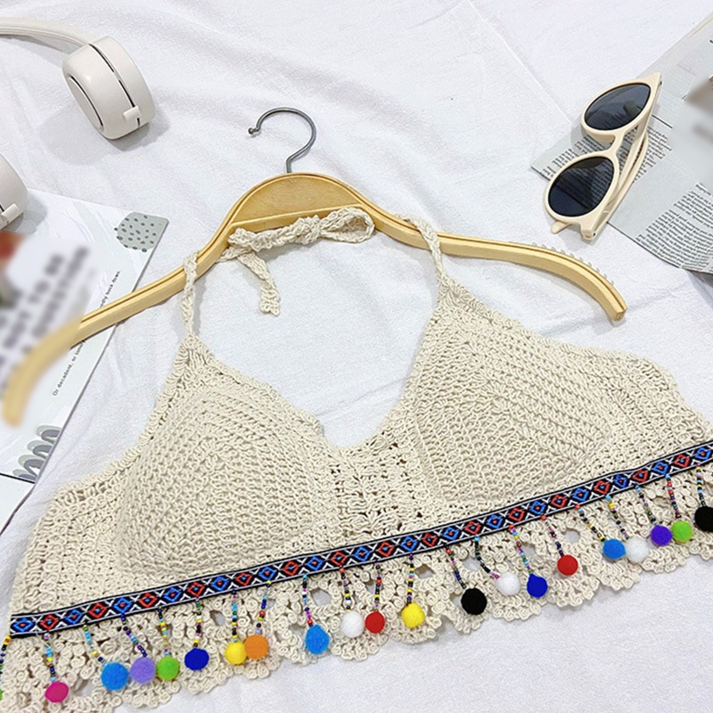 Brroa Áo Lót Bikini Mùa Hè Có Đệm Ngực Họa Tiết Hình Học Sọc Nhiều Màu Sắc Phối Tua Rua Viền Lông Xù Phong