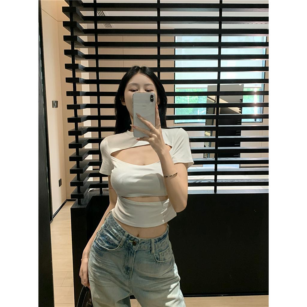 HUANG YOYO Áo Croptop Áo Lửng Ngắn Tay Phong Cách Quyến Rũ Thanh Lịch Dành Cho Nữ