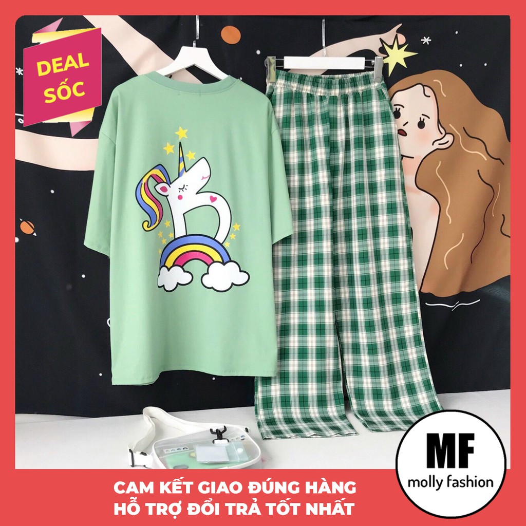 Set đồ bộ nữ quần caro kate ống rộng NHIỀU MẪU 3, đồ bộ hoạt hình Freesize Molly Fashion | BigBuy360 - bigbuy360.vn