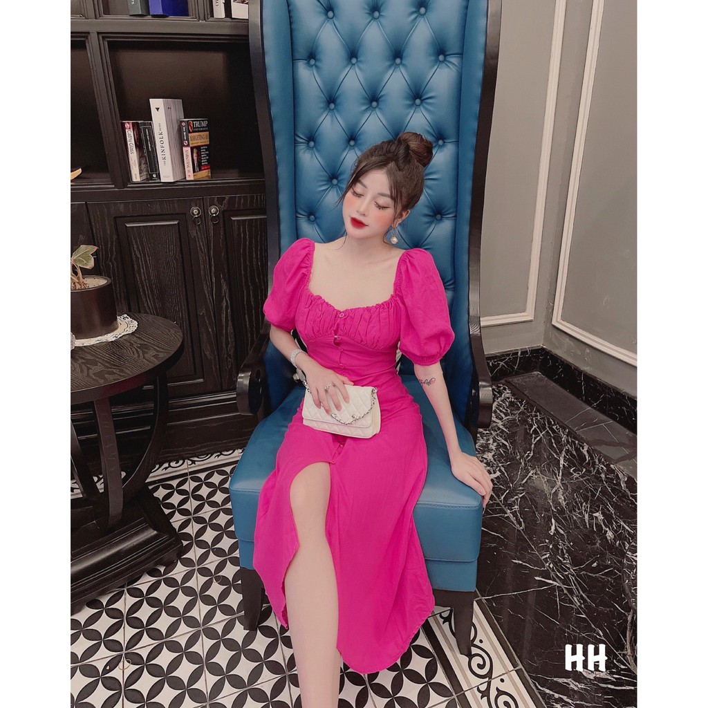 VÁY HỒNG SEN XẺ TRƯỚC CỔ VUÔNG TAY BỒNG TÔN DA TÔN DÁNG XINH TRẺ V140 | BigBuy360 - bigbuy360.vn