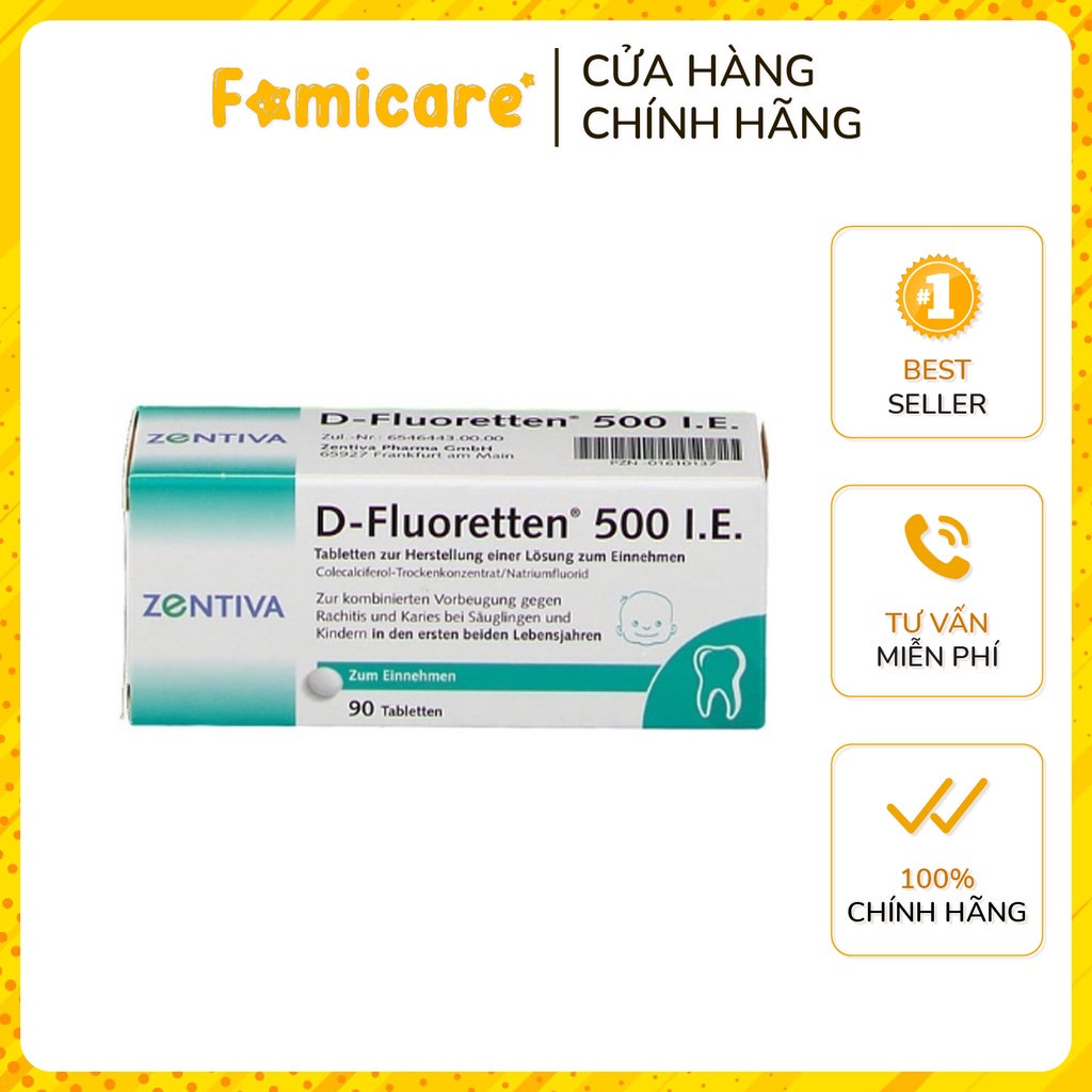 Vitamin D Fluoretten 500 IE cho bé sơ sinh và trẻ em dưới 2 tuổi hộp 90 viên