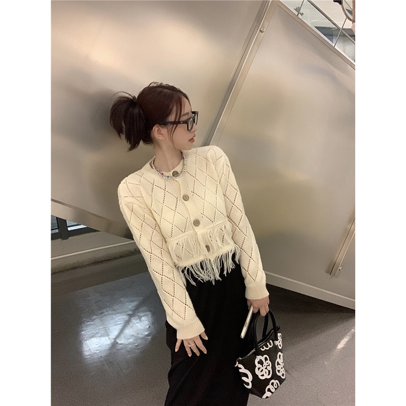 Huang YOYO Áo Khoác cardigan Dệt Kim Dáng Rộng Tay Dài Thiết Kế Đục Lỗ Phối Tua Rua Thời Trang Mùa Thu Phong Cách Hàn Quốc Cho Nữ
