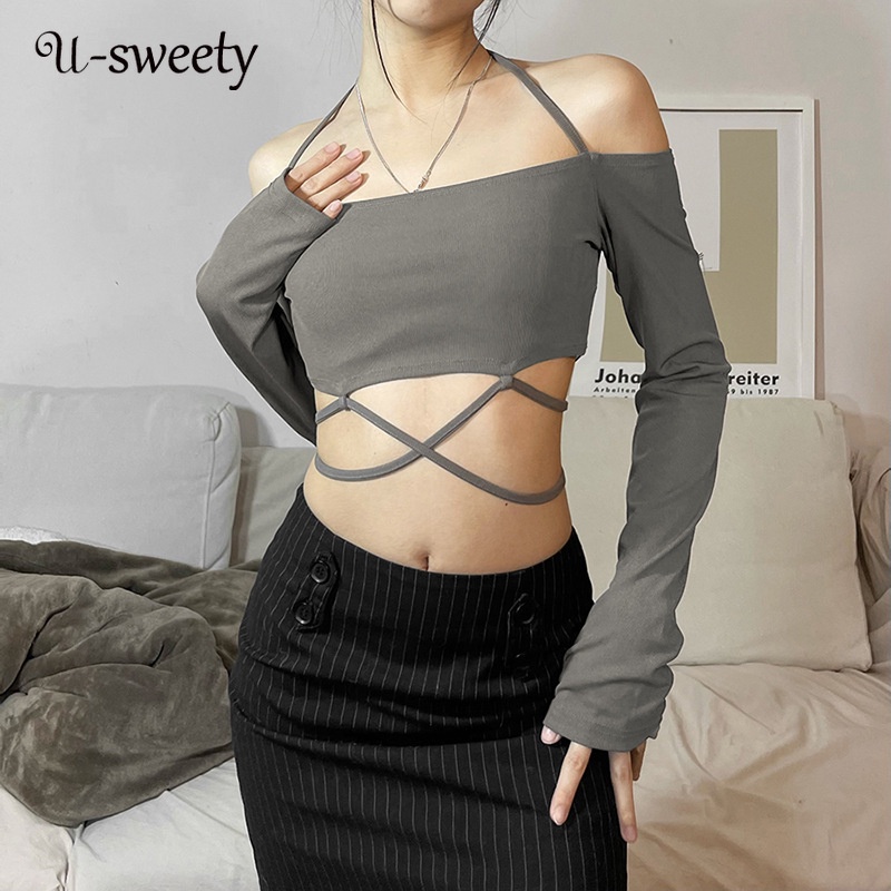 Áo Thun Croptop Trễ Vai Dáng Ôm Màu Trơn Thời Trang Quyến Rũ Cho Nữ 2022