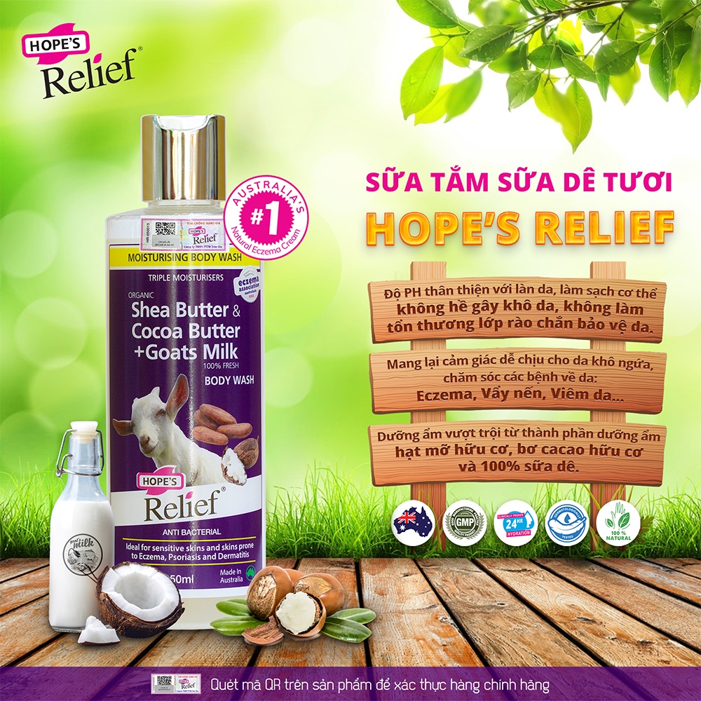 Sữa tắm sữa dê tươi bơ ca cao diệt khuẩn Hope’s Relief Shea butter &amp; Cocoa butter + Goat’s Milk Body Wash 250ml