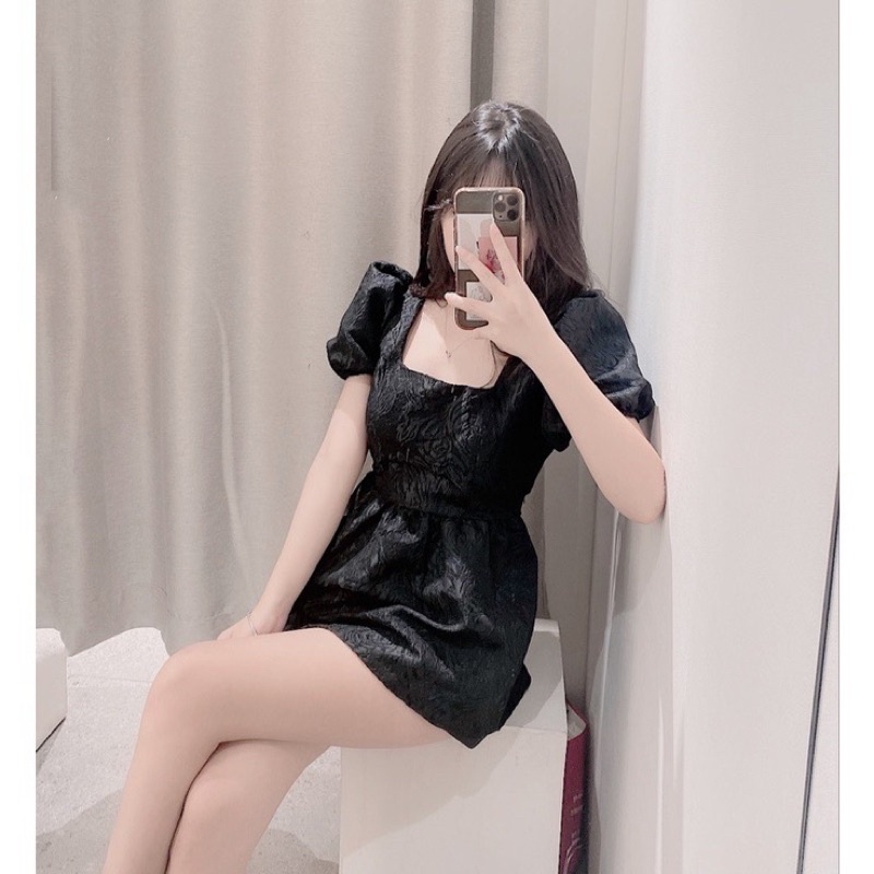Áo Kristy Babydoll màu đen Tay Phồng Cổ Vuông, Áo Kiểu Nữ Tay Bồng Dây Nơ Cột Sau Chất Vải Gấm Cao Cấp Đứng Form