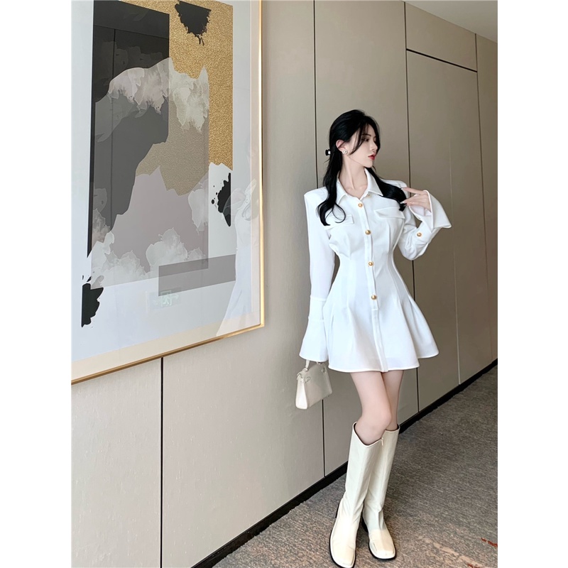 Đầm sơmi dài tay của nữ hàng Quảng Châu cao cấp đầu xu hướng thu đông phong cách ngọt ngào tiểu thư khí chất